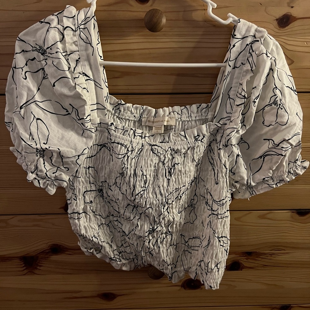 Floral Puff Sleeve Crop Top - White